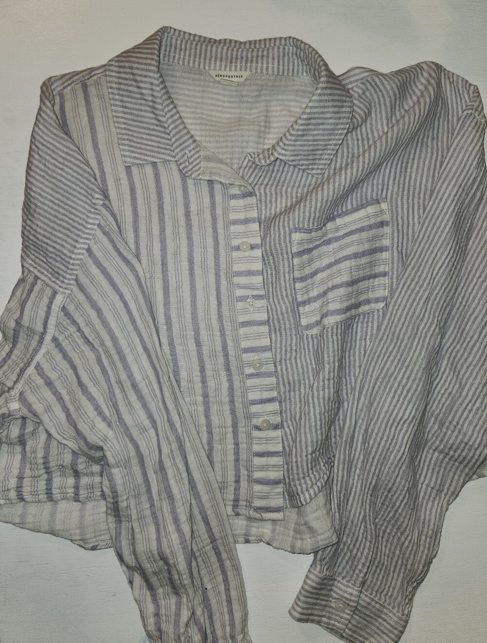 Aéropostale Light Blue & White Striped Linen Cropped Button-Up Shirt